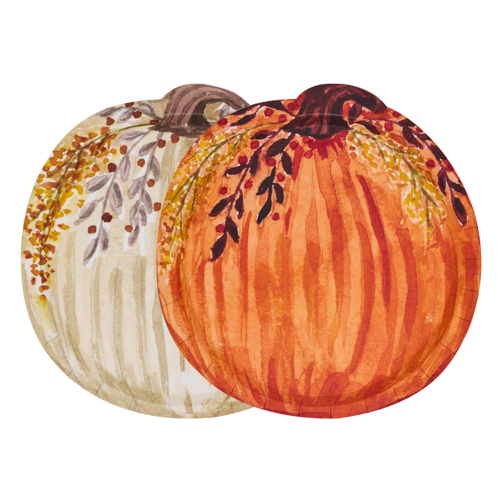 Eight decorative disposable pumpkin-shaped salad plates by Sophistiplate, from the Amber Harvest collection; featuring overlapping watercolor-style designs in cream with autumn leaves and orange with brown and yellow foliage—perfect for a harvest party.