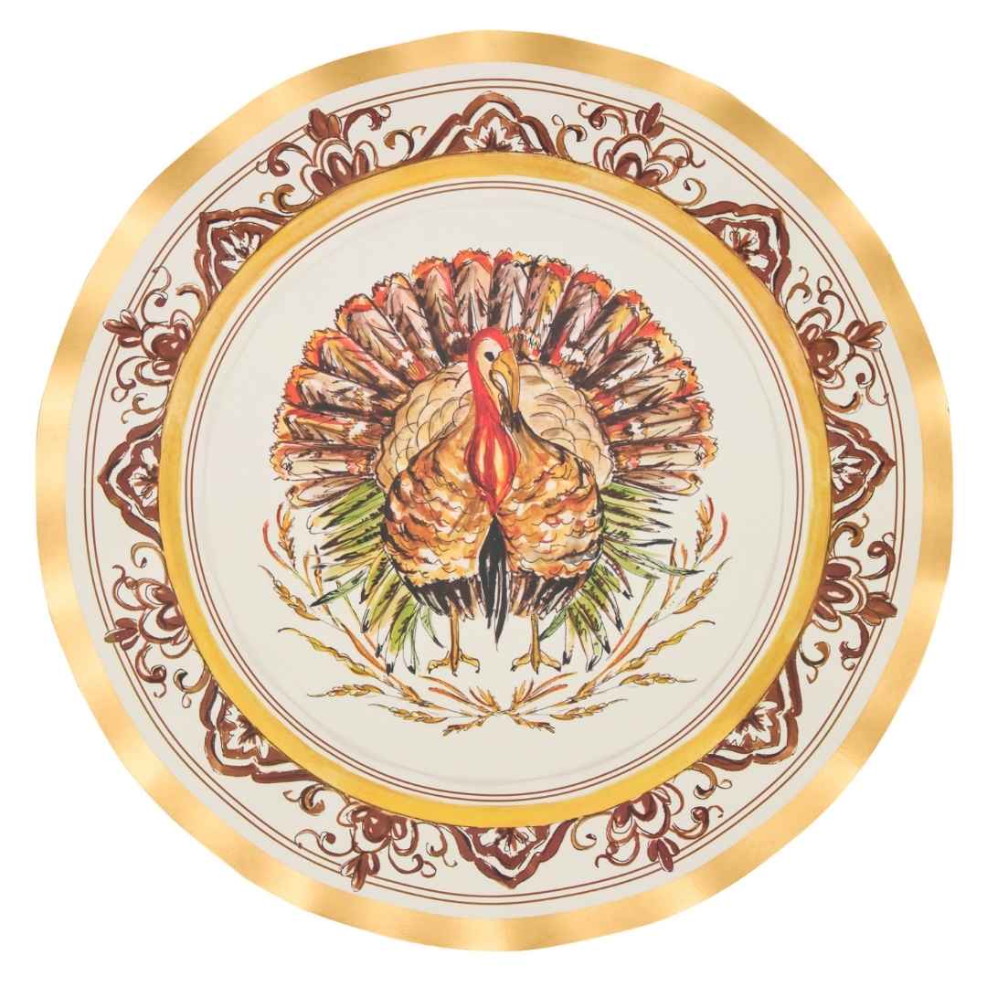 Add festive charm to your holiday table with the Sophistiplate Turkey & Gourds Dinner Plates (8pk), featuring a detailed illustration of a turkey with colorful feathers surrounded by an ornate gold and brown border—perfect for Thanksgiving gatherings.