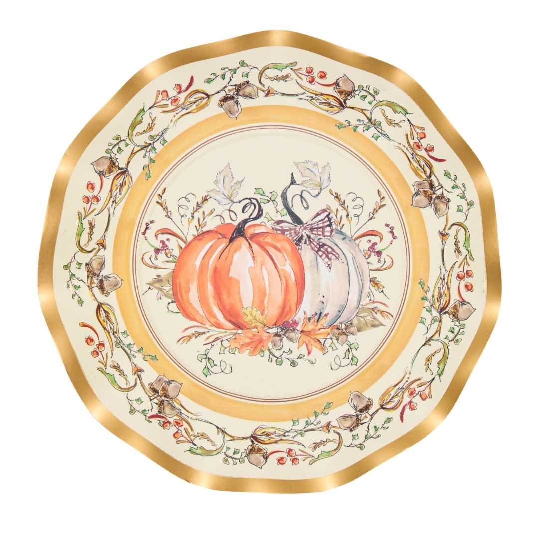 Add an elegant touch to your autumn gatherings with Sophistiplate’s Turkey & Gourds Salad Plates (8-pack). Each decorative plate features a gold scalloped edge and showcases illustrations of orange and white pumpkins, turkey, fall leaves, acorns, and branches in warm seasonal hues. These charming disposable salad plates are the perfect accent for your Thanksgiving table setting.