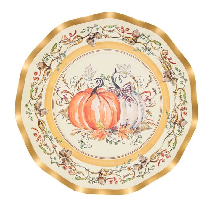 Add an elegant touch to your autumn gatherings with Sophistiplate’s Turkey & Gourds Salad Plates (8-pack). Each decorative plate features a gold scalloped edge and showcases illustrations of orange and white pumpkins, turkey, fall leaves, acorns, and branches in warm seasonal hues. These charming disposable salad plates are the perfect accent for your Thanksgiving table setting.