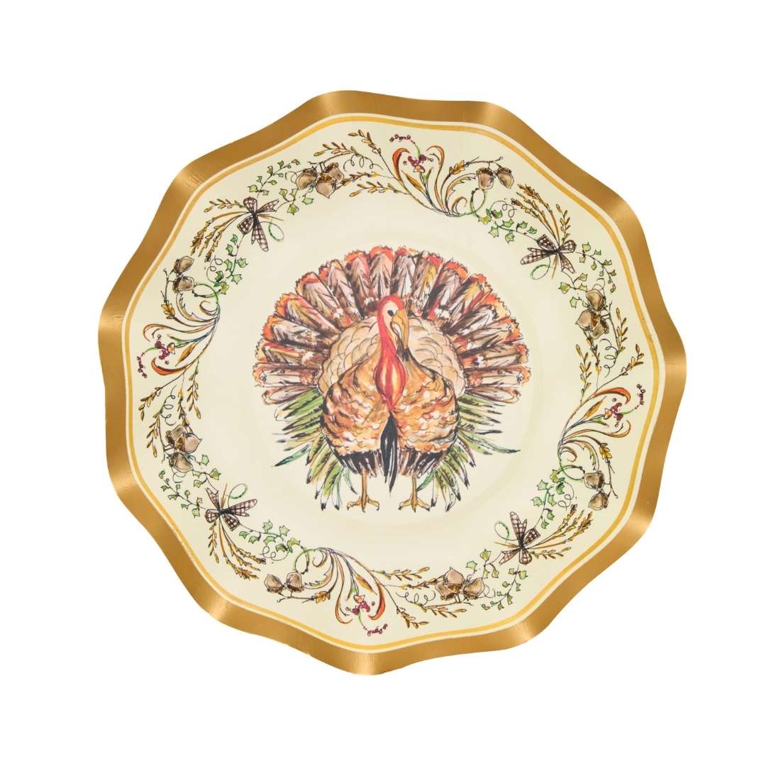 A decorative plate with a scalloped gold edge features a painted turkey in the center, surrounded by an ornate border of acorns, leaves, and scroll designs—perfect for pairing with Sophistiplate’s Turkey & Gourds Appetizer/Dessert Bowls (8-pack) to create an elegant holiday table setting.