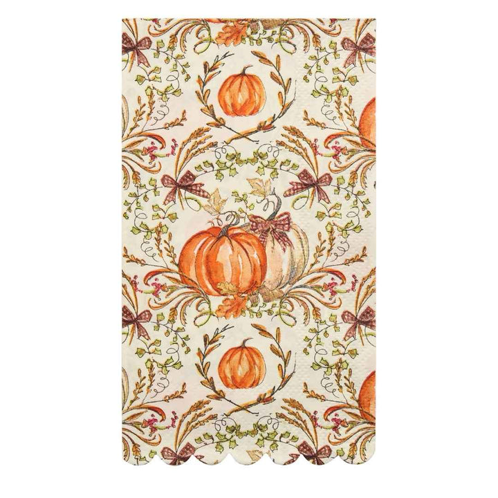 Introducing Sophistiplate’s Turkey & Gourds Guest Towels (20pk): featuring elegant scalloped edges and a festive autumn design with orange pumpkins, leaves, swirling vines, and dainty bows in warm hues on a creamy background—perfect for harvest celebrations and fall gatherings.
