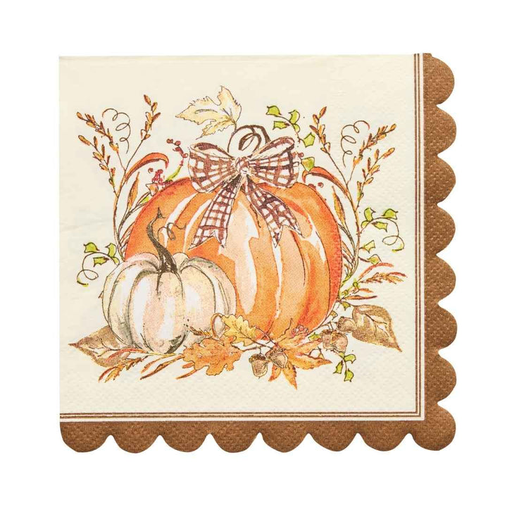 Add a festive touch to your fall gatherings with Sophistiplate’s Turkey & Gourds Cocktail Napkins. This set of 26 decorative napkins features an elegant design of orange and white pumpkins adorned with a plaid bow, surrounded by autumn leaves, acorns, and branches on a cream background with a brown scalloped edge. Perfect as pumpkin cocktail napkins or chic scalloped napkins to infuse your celebrations with seasonal charm.
