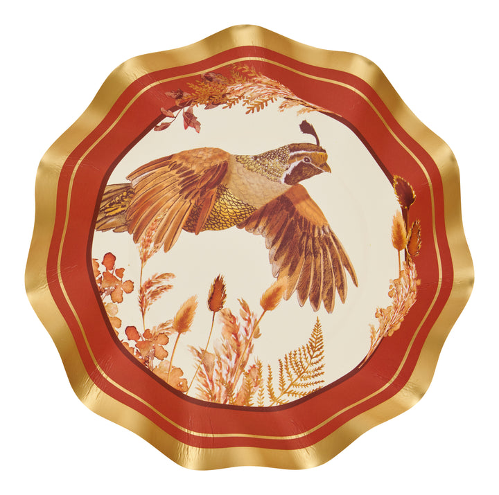 Sophistiplate’s Woodland Harvest Appetizer/Dessert Bowls (8-pack) feature a scalloped gold and red rim and showcase an illustration of a quail in flight surrounded by autumn leaves and plants.