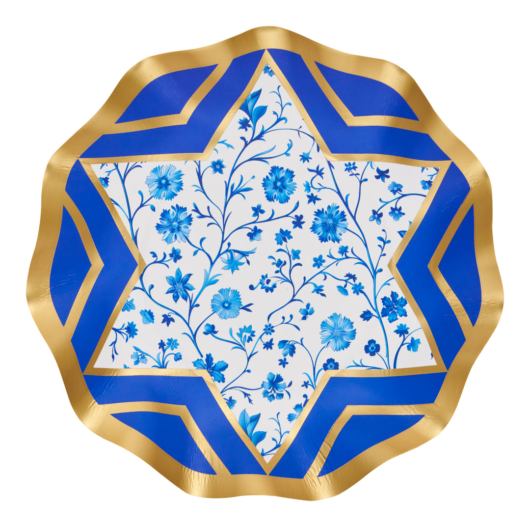 Add a festive touch to your holiday gatherings with Sophistiplate’s Hanukkah Toile Appetizer/Dessert Bowls (8-pack), featuring an elegant blue and gold border, a large blue star centerpiece filled with intricate blue flowers and vines on a crisp white background—perfect for pairing with matching appetizer plates or other blue and white party serveware.