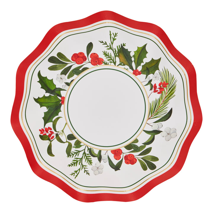 The Sophistiplate Home for the Holidays Appetizer/Dessert Bowls/8pk features round plates with wavy red edges, adorned with festive holly leaves, pine needles, white and red berries on a crisp white background. Perfect for Christmas parties, each bowl has a plain center bordered by elegant green and gold rings.