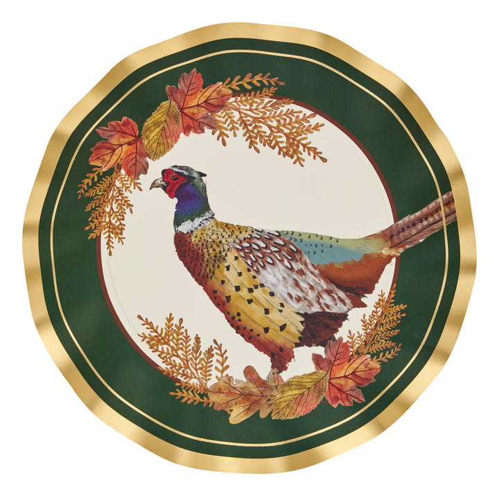Elevate your Thanksgiving table with the Sophistiplate Woodland Harvest Dinner Plates (8 pack), each featuring a gold-rimmed edge, an illustrated pheasant at the center, and autumn leaves and foliage on a green and cream background—perfect for adding elegance to your holiday collection or showcasing as part of your Woodland Harvest plates display.