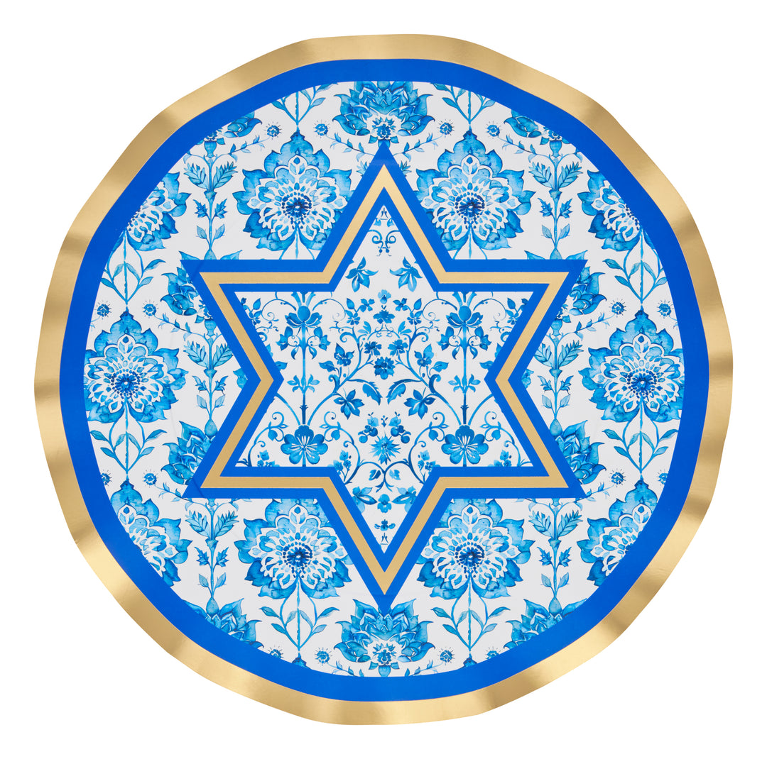 The Sophistiplate Hanukkah Toile Dinner Plates (8pk) feature a round design adorned with blue floral patterns, a gold edge, and a central blue Star of David—ideal for serving Hanukkah meals or enhancing your collection of blue and white holiday plates with an elegant touch.