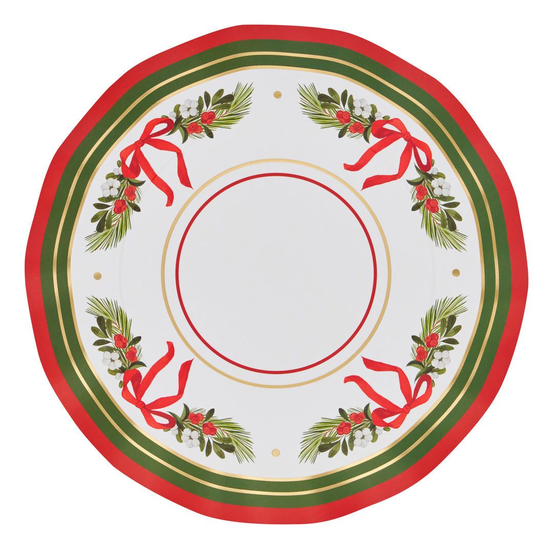 Bring cheerful style to your holiday gatherings with the Sophistiplate Home for the Holidays Dinner Plates (8pk). These round plates feature a red, green, and gold border adorned with pine branches, holly, and red bows for a festive touch. The center is plain white, making them perfect for showcasing your Christmas dinners with elegance.