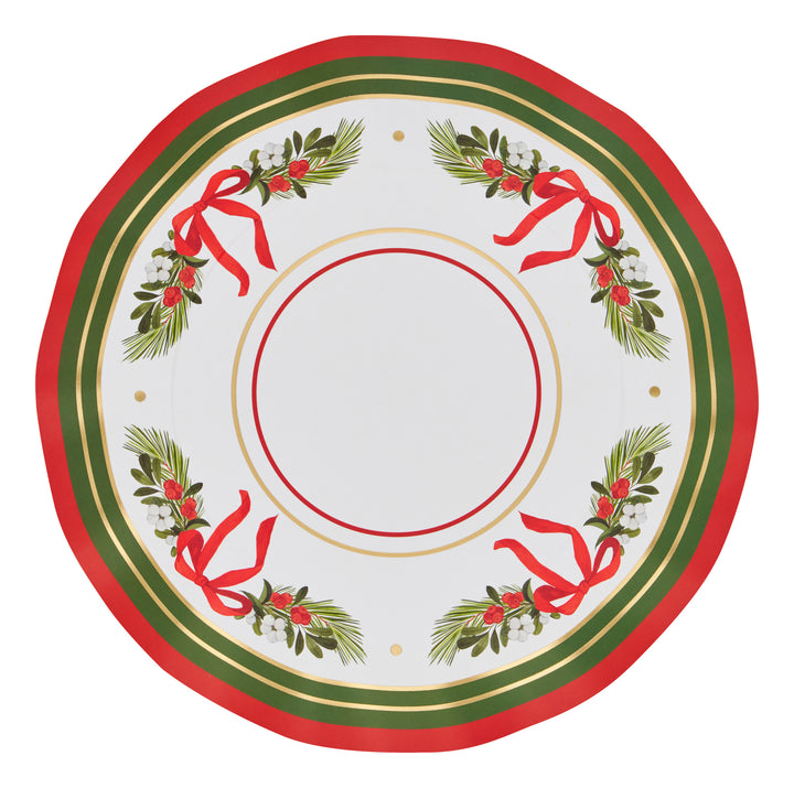 Bring cheerful style to your holiday gatherings with the Sophistiplate Home for the Holidays Dinner Plates (8pk). These round plates feature a red, green, and gold border adorned with pine branches, holly, and red bows for a festive touch. The center is plain white, making them perfect for showcasing your Christmas dinners with elegance.