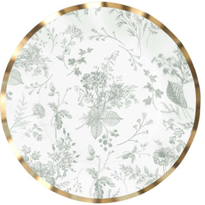 Sophistiplate Timeless Sage Dinner Plates, 8pk—round disposable plates with a gold foil edge and light green botanical pattern on white; ideal for elegant occasions.
