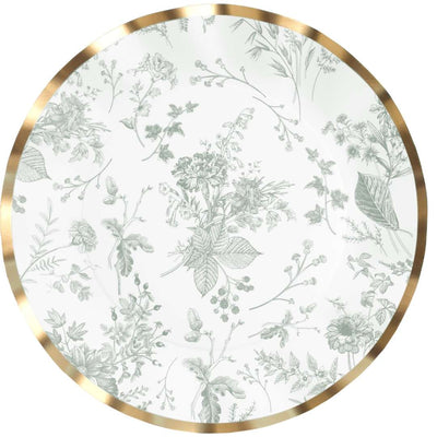 Sophistiplate Timeless Sage Dinner Plates, 8pk—round disposable plates with a gold foil edge and light green botanical pattern on white; ideal for elegant occasions.