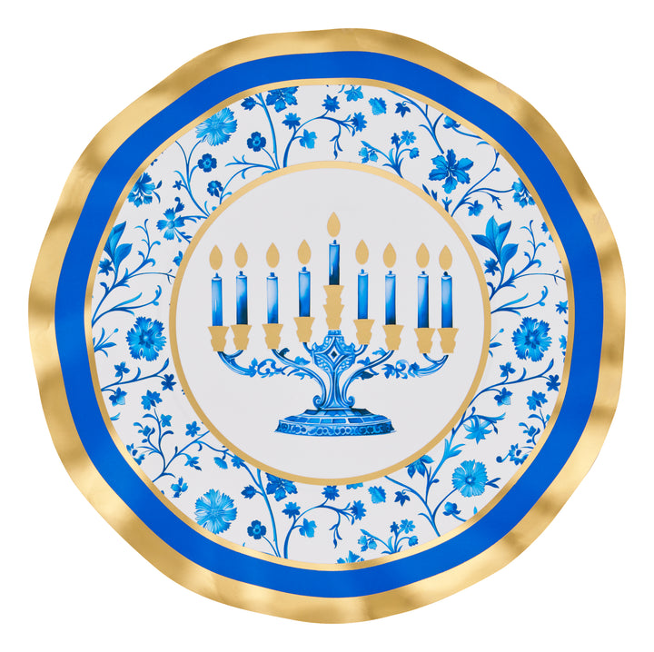 Bring elegance to your table with Sophistiplate’s Hanukkah Toile Salad Plates (8pk), featuring blue floral patterns, a gold rim, and a central menorah illustration with nine glowing candles. These decorative plates are perfect for festive gatherings and celebrations, beautifully complementing any Hanukkah spread.