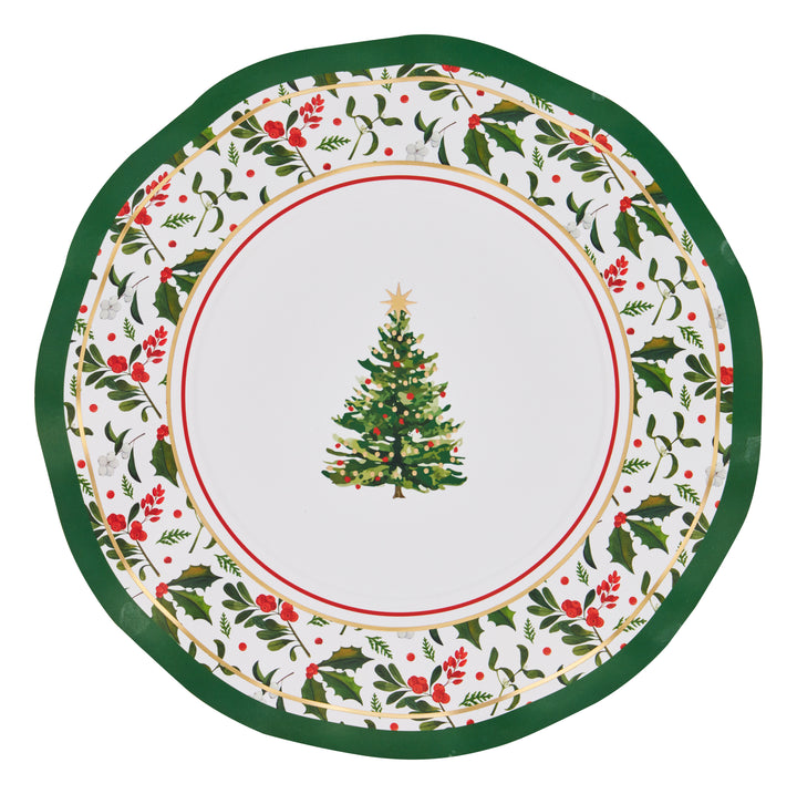 Serve up seasonal cheer with the Sophistiplate Home for the Holidays Salad Plates, a pack of 8 round disposable plates featuring a charming Christmas tree in the center, surrounded by green holly leaves and red berries, and finished with an elegant wavy edge—perfect for festive gatherings!.