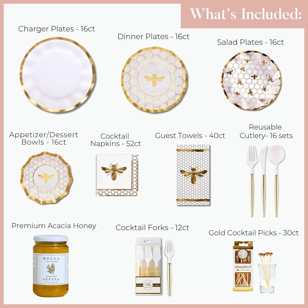 Introducing the Sophistiplate LLC Rosh Tablescape for 16 Guests: White Honeybee—this party set features neatly arranged charger, dinner, salad, and appetizer plates; cutlery; napkins; guest towels; honey; cocktail forks; and gold picks—all showcasing elegant gold or bee-themed designs on a white background. These designer-quality disposable plates make it easy to create a stunning Rosh Hashanah table setting with maximum convenience.