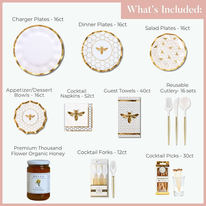 Introducing the Sophistiplate LLC “Rosh Tablescape for 16 Guests: White Honeybee”—a stylish collection of elegant white and gold party supplies. This set includes heavy-duty paper plates, bowls, cutlery, napkins, guest towels, honey jar, forks, and cocktail picks for a beautiful Rosh Hashanah table setting. Each item comes with individual counts clearly listed under each product for easy planning. These disposable party plates combine convenience and sophistication to elevate your celebration.