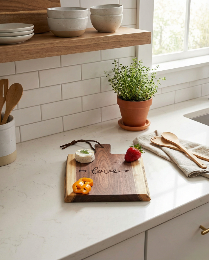 Live Edge Walnut Single Handle Charcuterie Board | "Love" | 9" x 6"