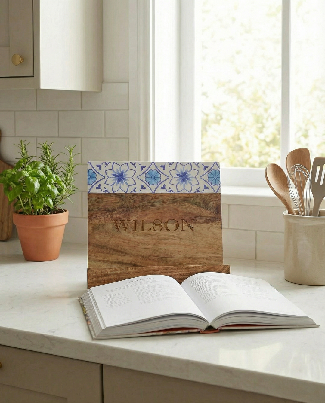 Acacia Cookbook Holder with Capri Pattern Enamel | Mom's Kitchen Script | 11 X 11"