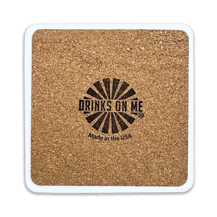 The Call You Right Back Coaster by Drinks On Me is a square cork coaster with white edges, featuring a black sunburst design and “Call You Right Back” at the center. Perfect as a bar cart accessory. Made in the USA.