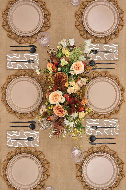 brown table setting with fall florals