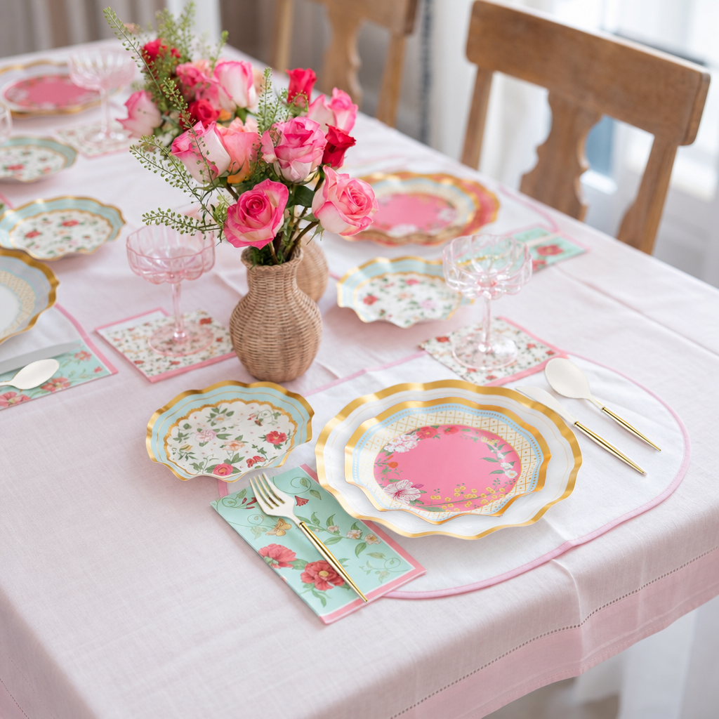 An elegant spring-themed party-in-a-box for four, the Ivory Rococo Table Setting by Sophistiplate features designer disposable plates with intricate floral patterns, gold cutlery, and pink glasses arranged on a pale pink tablecloth. At the center, a woven vase brimming with pink and red roses completes this sophisticated tablescape.