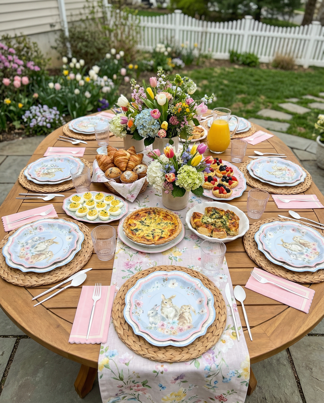 Set a festive spring brunch with the Easter Fields Table Setting for 16 by Sophistiplate LLC—includes pastel floral disposable plates, pink napkins, woven placemats, and more for the perfect garden party-in-a-box.