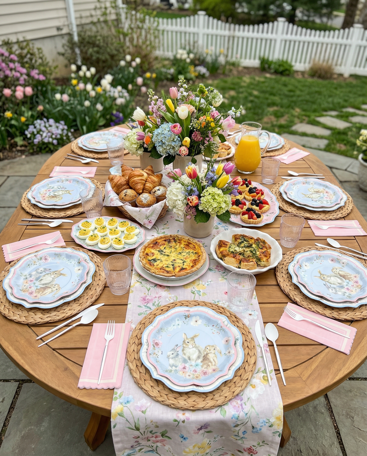 Set a festive spring brunch with the Easter Fields Table Setting for 16 by Sophistiplate LLC—includes pastel floral disposable plates, pink napkins, woven placemats, and more for the perfect garden party-in-a-box.