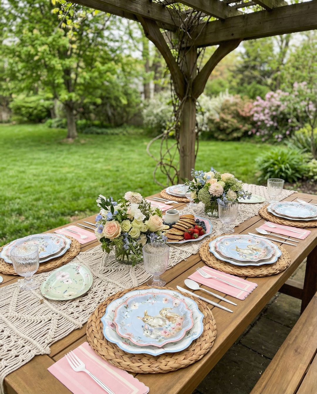 The Easter Fields Table Setting for 16 by Sophistiplate LLC features pastel floral plates, pink napkins, wicker placemats, and elegant glassware on a wooden outdoor table under a pergola in a lush garden—perfect for a delightful gathering.