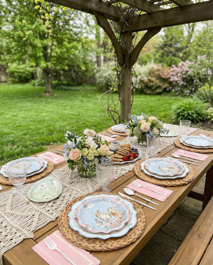The Easter Fields Table Setting for 16 by Sophistiplate LLC features pastel floral plates, pink napkins, wicker placemats, and elegant glassware on a wooden outdoor table under a pergola in a lush garden—perfect for a delightful gathering.