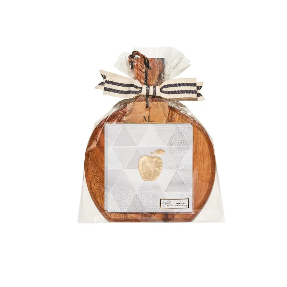 The Sophistiplate 9.75″ x 8″ Board Gift Kit: Golden Apple features a stunning acacia wood board as its foundation, paired with an elegant white cocktail napkin adorned with a gold apple motif. Beautifully packaged in clear plastic and finished with a striped ribbon, this kit is ideal for elevating your next charcuterie board presentation.