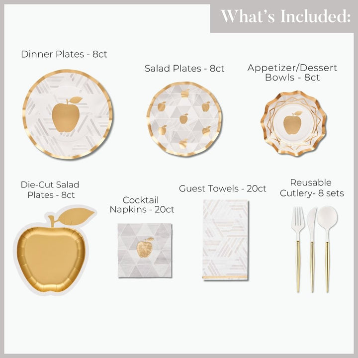 Welcome Rosh Hashanah in style with the Golden Apple Table Setting Bundle by Sophistiplate LLC. This elegant collection includes designer disposable plates and bowls, die-cut apple-shaped plates, napkins, towels, and reusable cutlery—all accented with gold details and packaged in convenient quantities for effortless holiday entertaining.