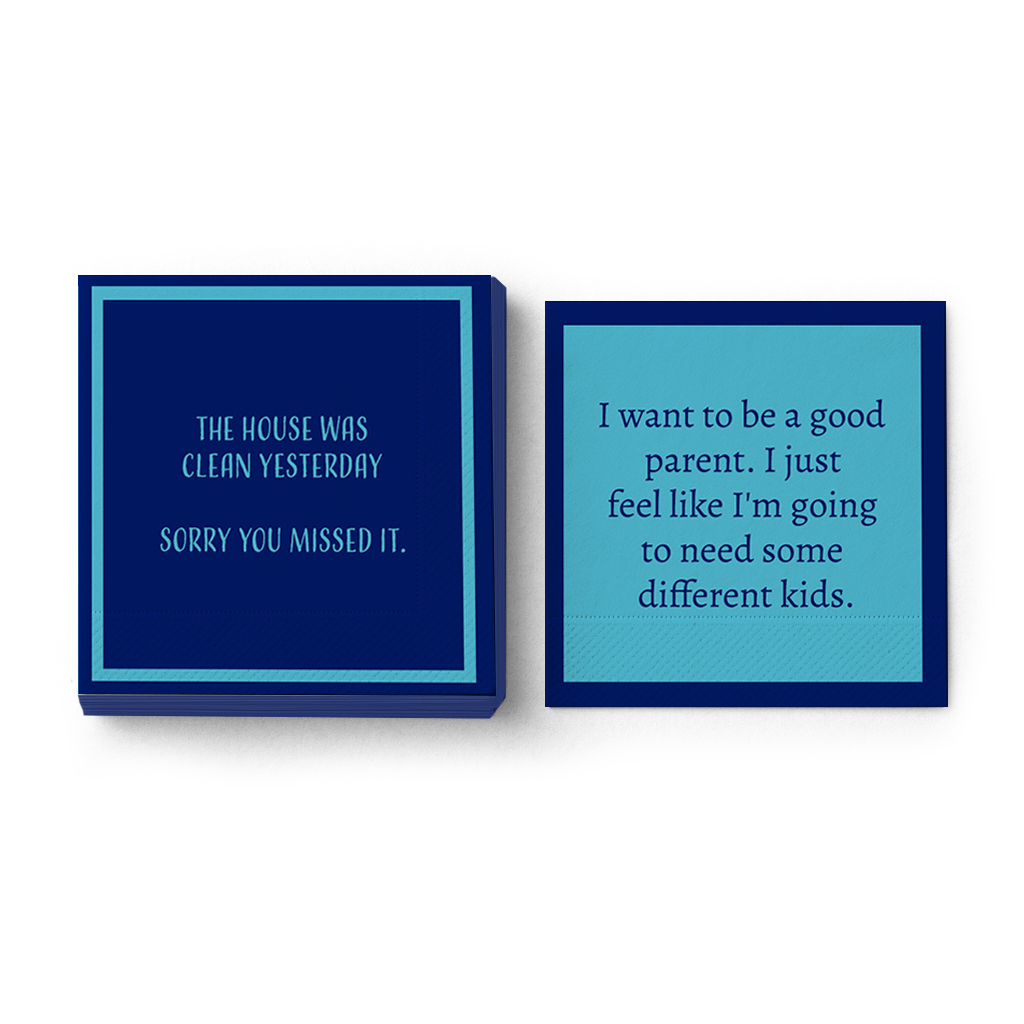 Sophistiplate LLC’s Cheers to Mom Gift Set 1 features two blue square notepads with funny mom quotes—an ideal Mother’s Day gift or coffee mug pairing. Quotes: “The house was clean yesterday...” and “I want to be a good parent…”.
