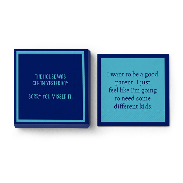 Sophistiplate LLC’s Cheers to Mom Gift Set 1 features two blue square notepads with funny mom quotes—an ideal Mother’s Day gift or coffee mug pairing. Quotes: “The house was clean yesterday...” and “I want to be a good parent…”.