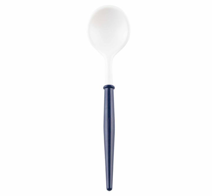 A white plastic spoon with a long, dark blue handle on a plain white background—ideal for pairing with Sophistiplate LLC's Passover Tablescape for 16: Timeless set.