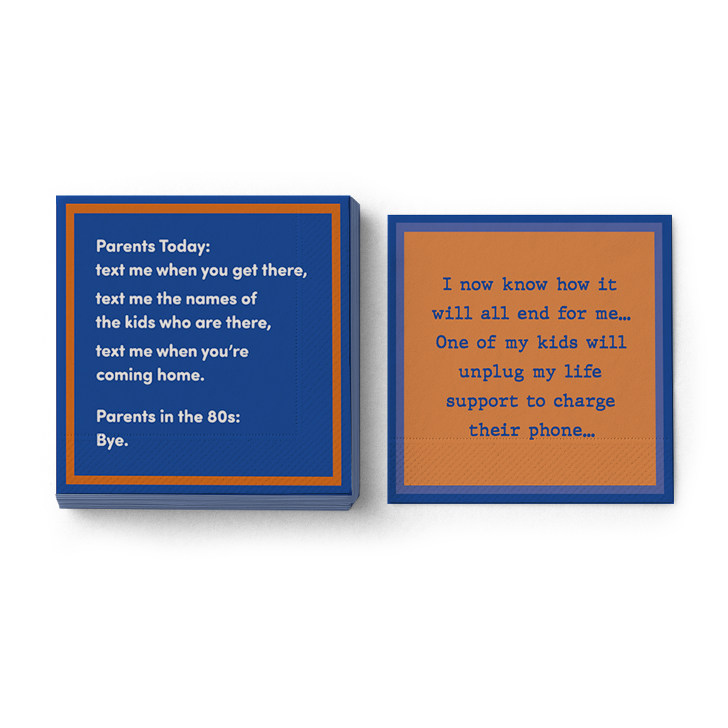 The Sophistiplate LLC Cheers to Mom Gift Set 1 features two napkins with witty parenting quotes—one about texting kids vs. saying bye in the '80s, the other joking about life support and phone charging—for a fun Mother’s Day gift.
