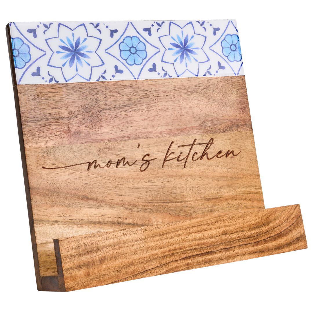 Acacia Cookbook Holder with Capri Pattern Enamel | Mom's Kitchen Script | 11 X 11"