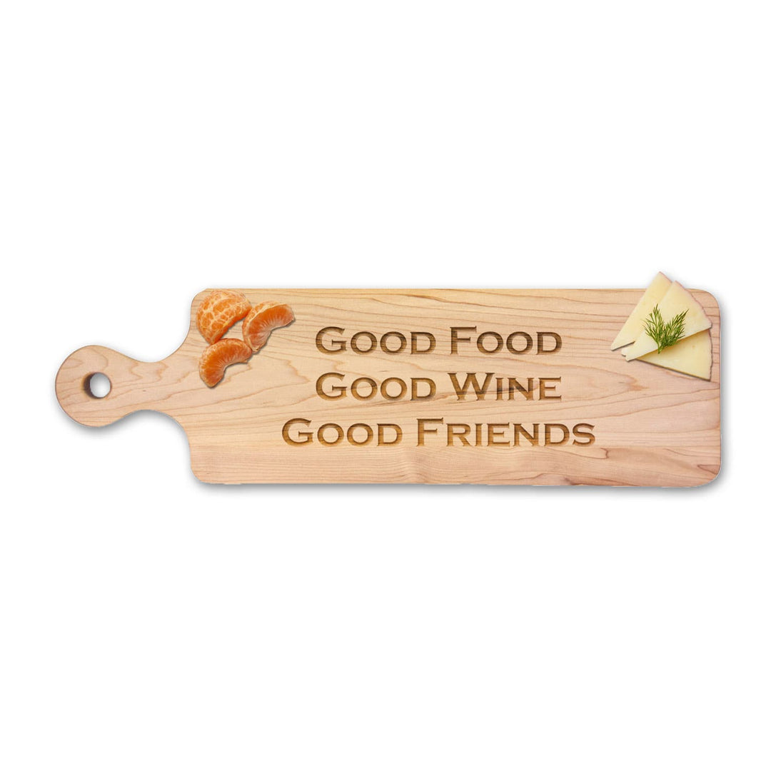 Maple Wood Bread Board | Good Food, Good Wine, Good Friends | 20 x 6"