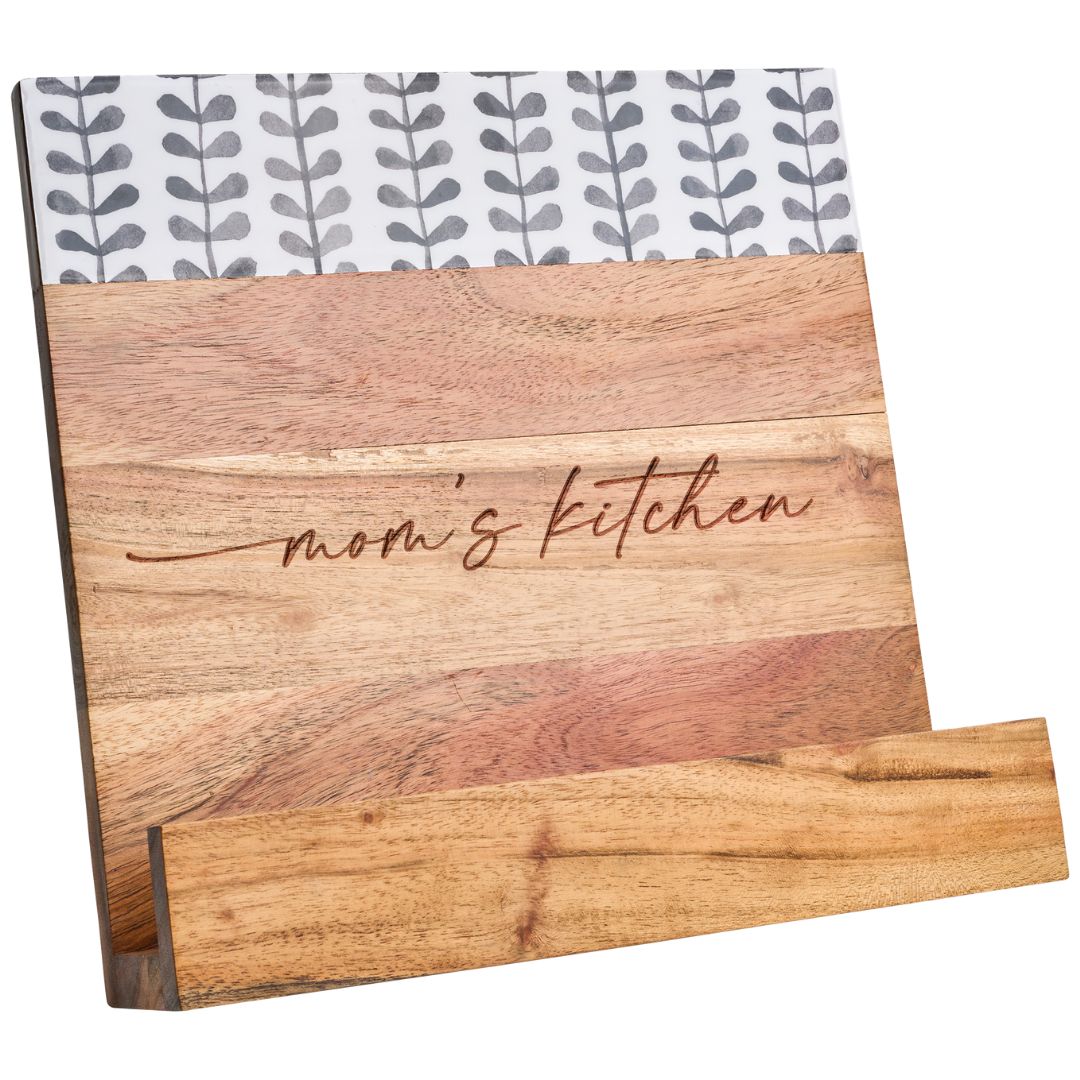 Acacia Cookbook Holder with Black & White Enamel | Mom's Kitchen | 11 X 11"