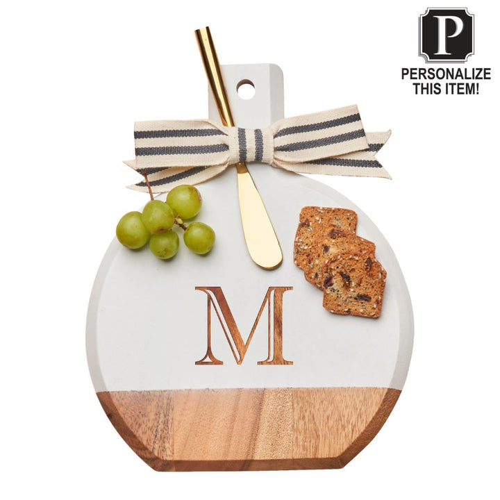 Personalized Acacia Bevel Board w/ Ribbon & Gold Spreader Knife | White | 8" X 9.75" X .6"