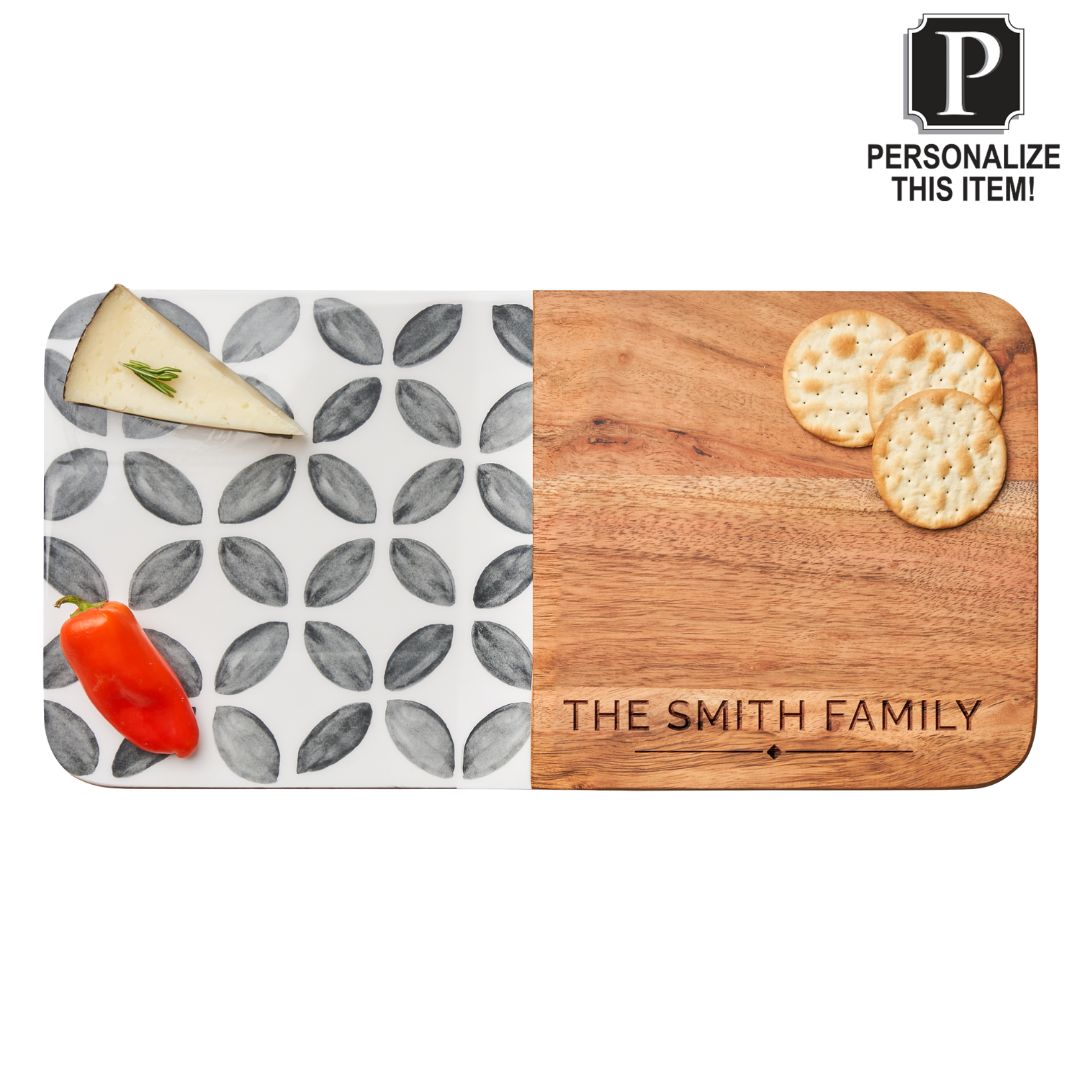Personalized Acacia Serving Board | Black and White Enamel | 16 X 8"