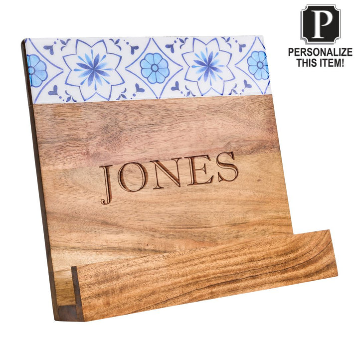 Personalized Acacia Cookbook Holder | Capri Pattern Enamel | 11 X 11"