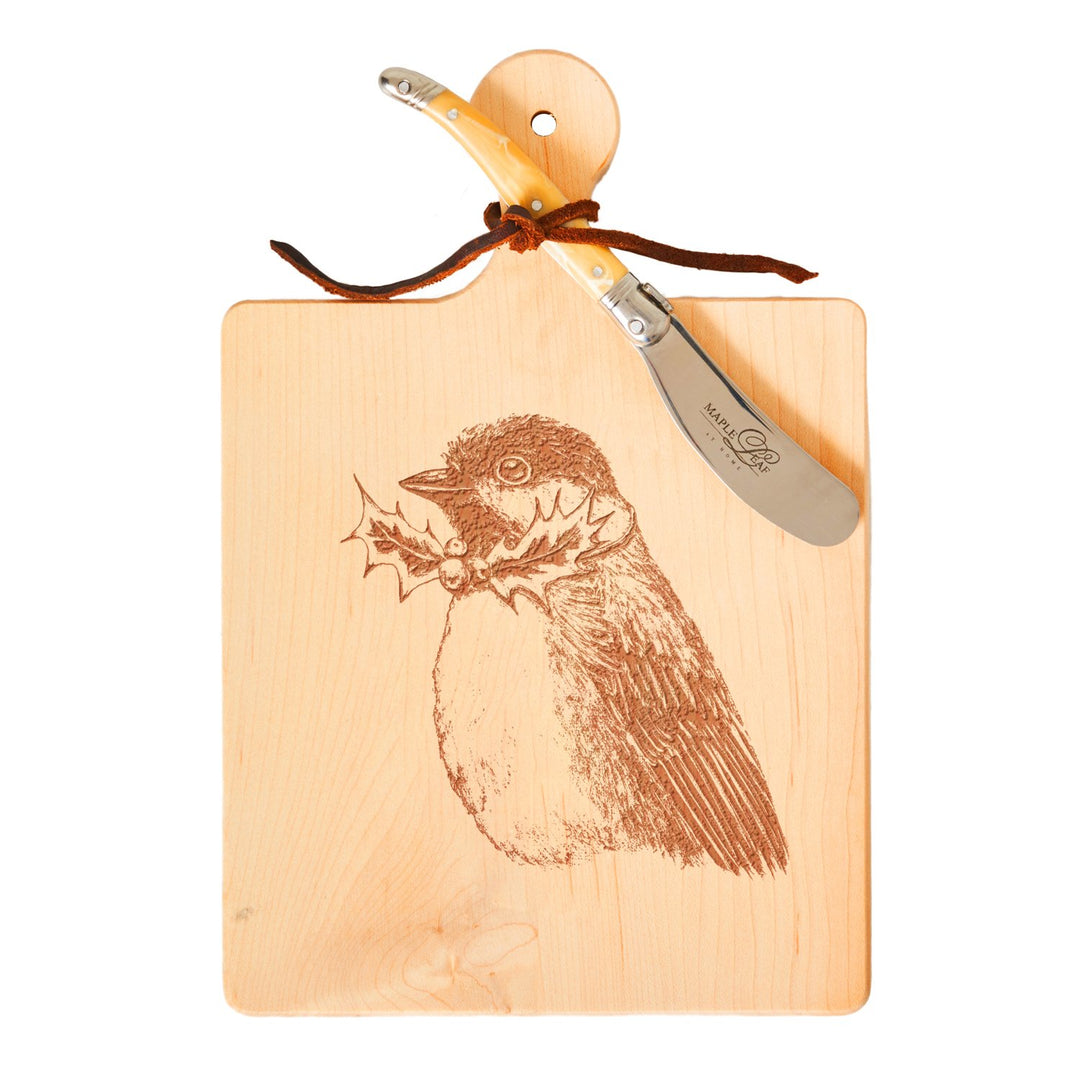 Vicki Sawyer "Chickadee Dressed for the Holidays" Maple Wood Cheeseboard 9 x 6" With Spreader