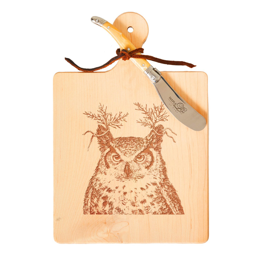 Vicki Sawyer "Duncan Owl with Cedar" Maple Wood Cheeseboard 9 x 6" With Spreader