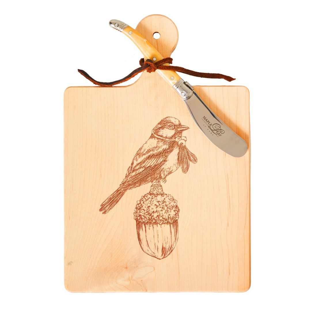 Vicki Sawyer "Painted Bunting with Vintage Acorn" Maple Wood Cheeseboard 9 x 6" With Spreader