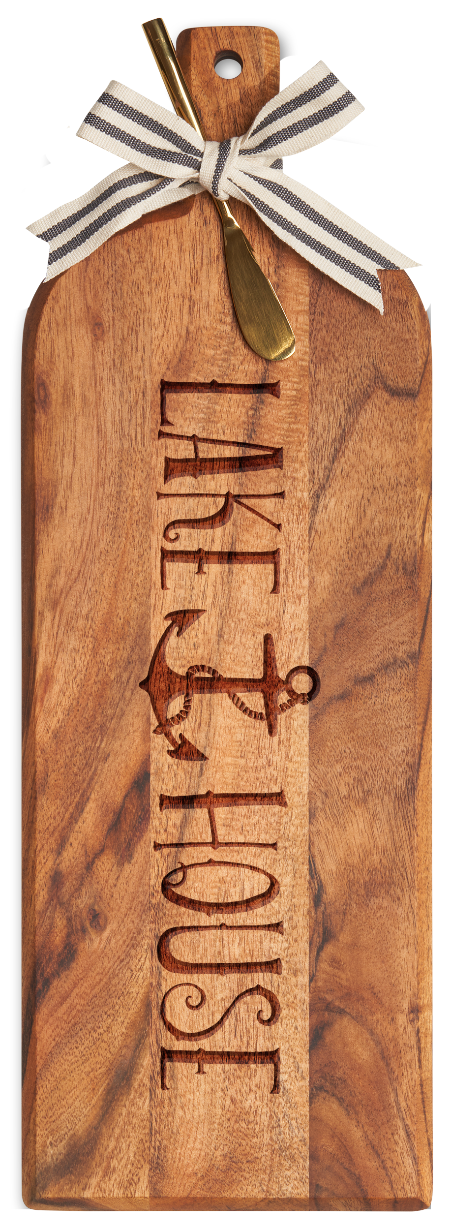 Acacia Bevel Board w/ Ribbon & Gold Spreader Knife | Lake House | 20 x 7"