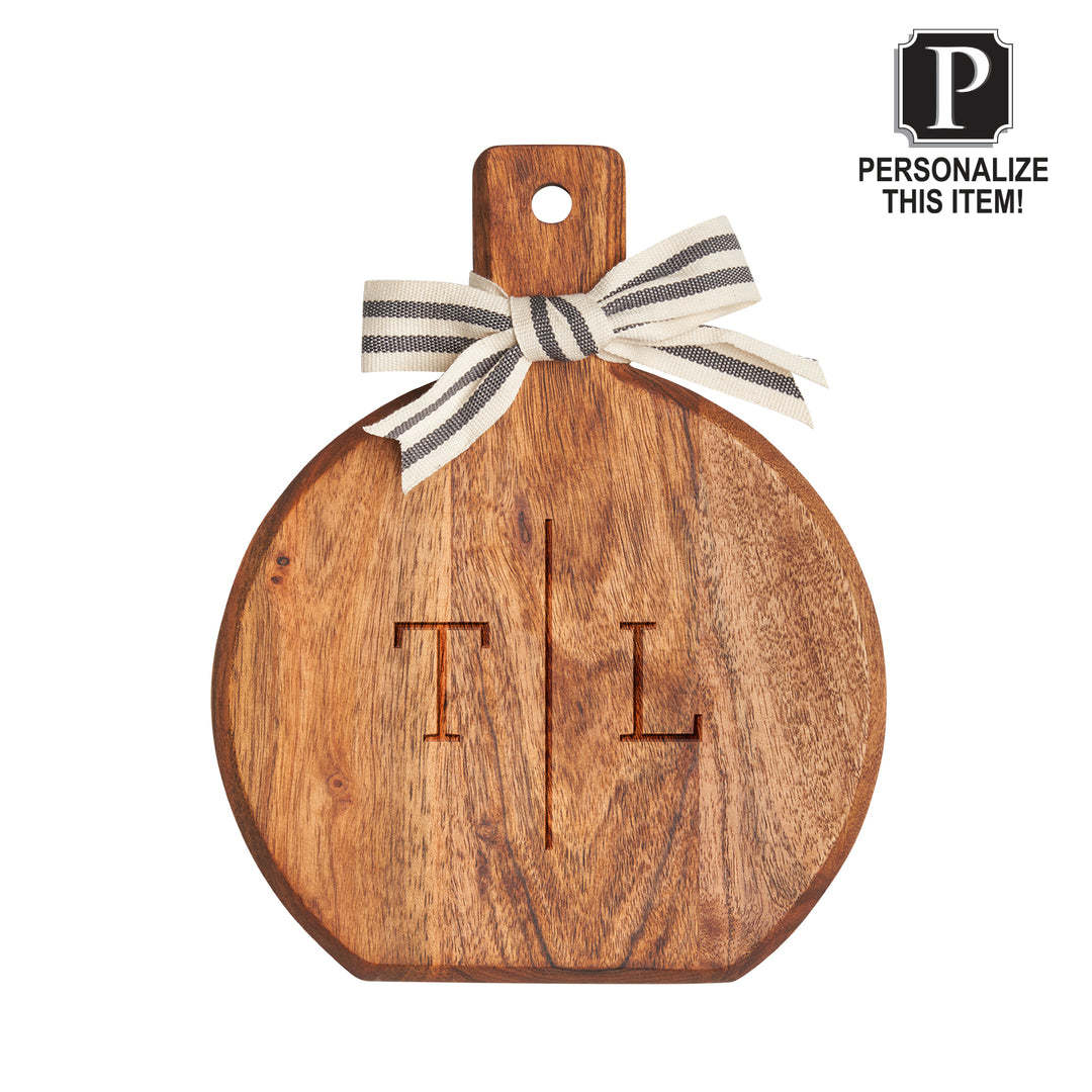 The Maple Acacia Bevel Board with Handle (9.75 x 8") comes with a black-and-white striped bow and engraved initials “T” and “L.” Tap "Personalize This Item!" to create a unique monogram board.