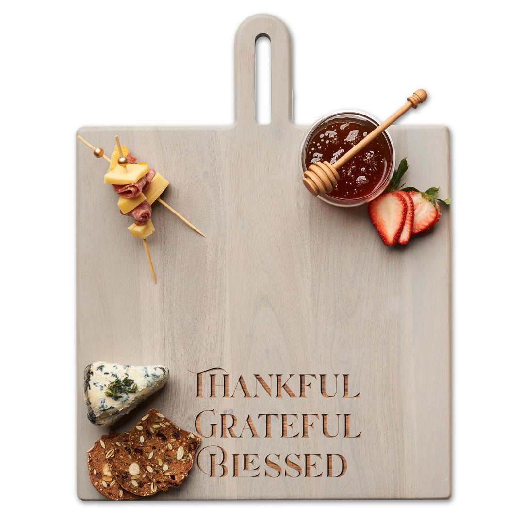 Gray Acacia Board With Handle | Thankful Grateful Blessed | 18 x 14"
