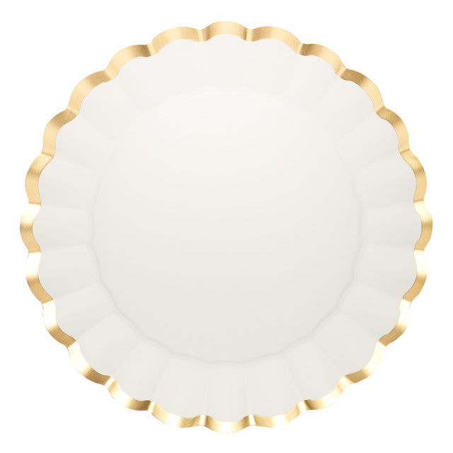 The Passover Tablescape for 16: Timeless by Sophistiplate LLC features round white designer paper plates with scalloped edges and a shiny gold border—perfect disposable party plates to elevate your Passover tablescape.