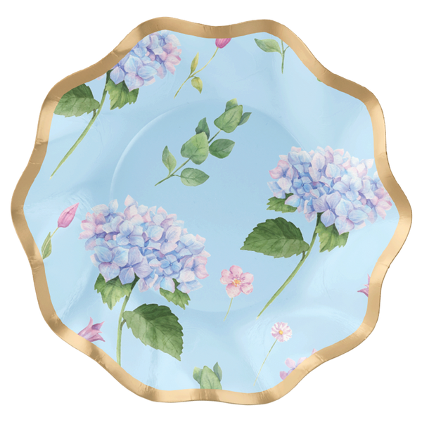 The Sophistiplate Appetizer/Dessert Bowl Hydrangea Foil - 8pk features a gold foil scalloped edge, light blue background, pink and purple hydrangeas, green leaves, and small pink blossoms.