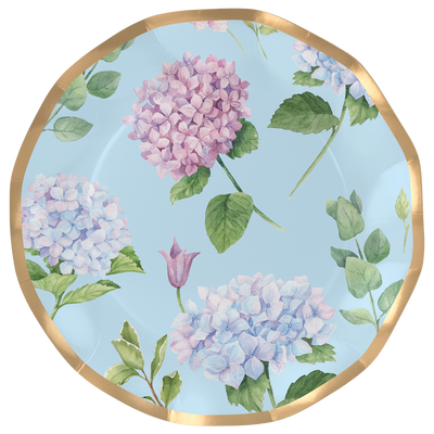 The Sophistiplate Dinner Plate Hydrangea - 8pk features decorative ruffled foil edges, gold rims, and light blue backgrounds with colorful hydrangea blooms—ideal floral-themed paper plates for your next party.